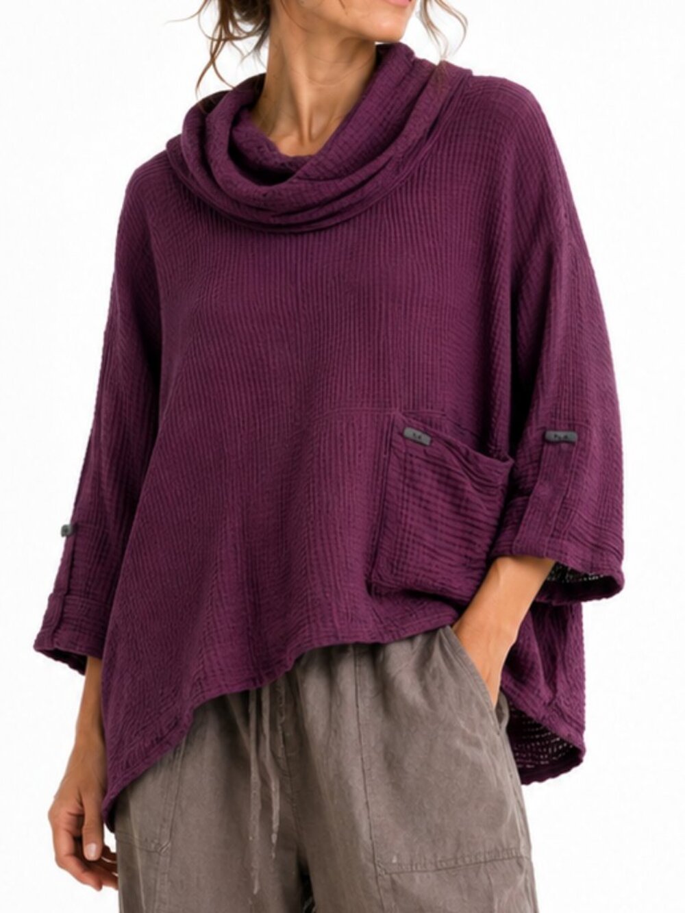 Focus Casual Life Plum Purple 100% Cotton Waffle Cowl Neck Lagenlook Tunic M